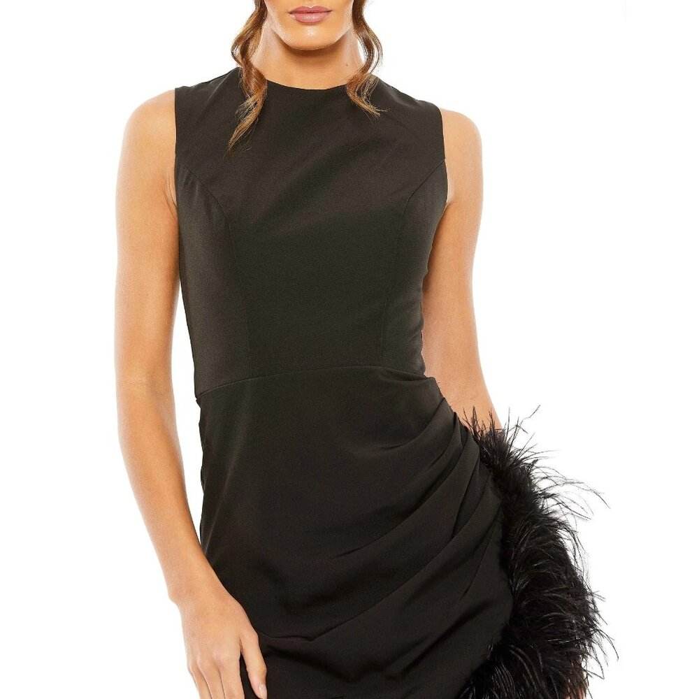 Mac Duggal Black Sleeveless Faux Wrap Dress Feather Trim Size 6 11626 NWT - Picture 2 of 5